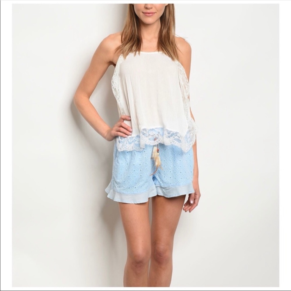 Blue Ruffle Trim Eyelet Shorts - Picture 2 of 5